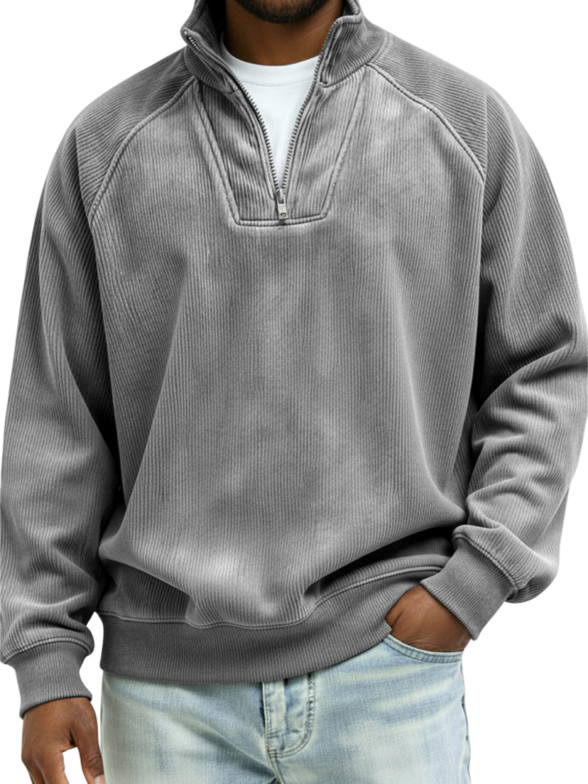 Men's Vintage Corduroy Quarter-zip Raglan Sleeve Patchwork Pullover Polo Shirt