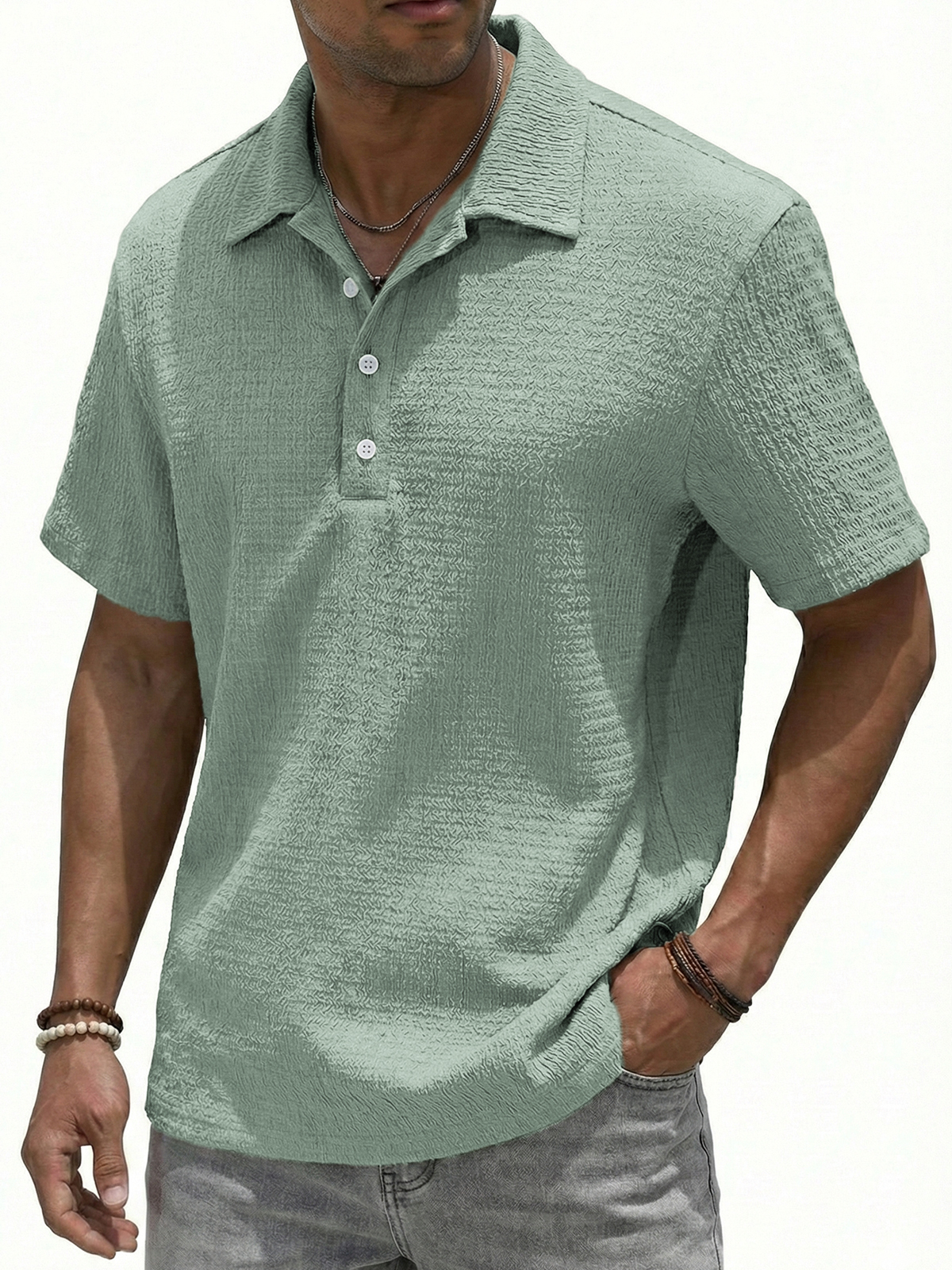 Jacquard Textured Button-down Polo Shirt