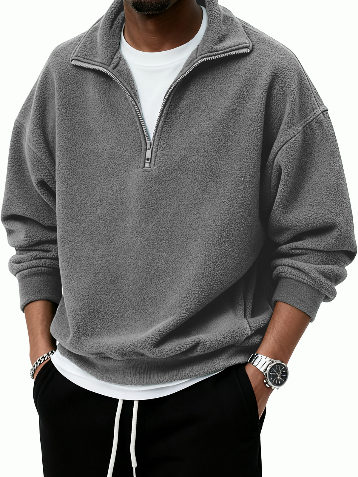 Men's Warm Stylish Casual Half-Zip Stand Collar  Borg Fleece Sweatshirt