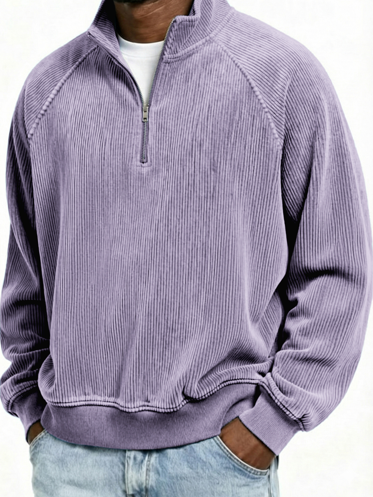 Men's Simple Ribbed Quarter-Zip Raglan Sleeve Pullover Polo Shirt