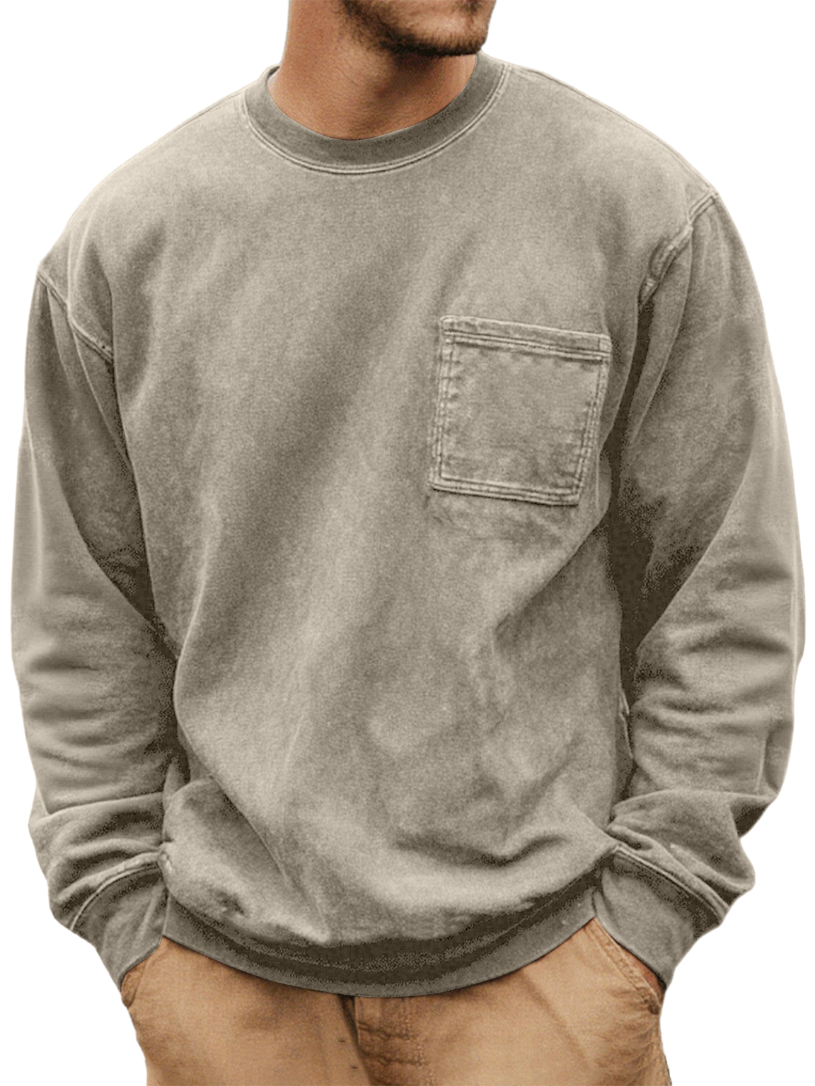 Men's Washed And Distressed Vintage Round Neck Pocket Basic Casual Long-sleeved T-shirt