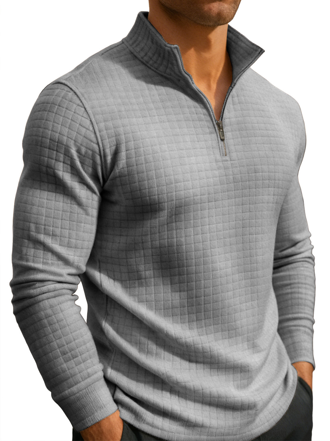 Men's Casual Fashion Waffle Knit Stand Collar Zips Sweatshirt