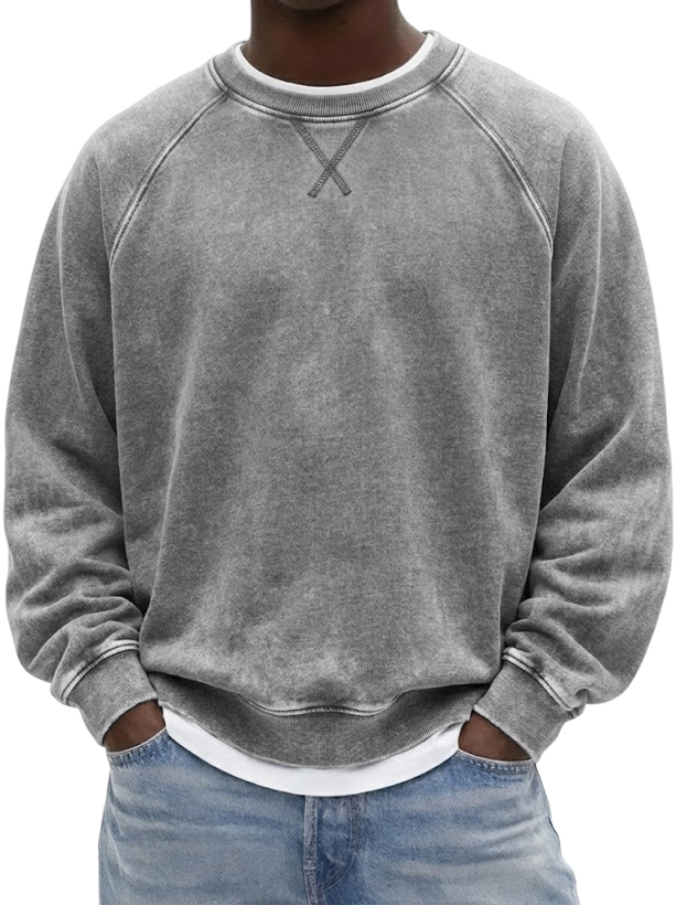 Men's Vintage Heavyweight Terry Cotton Washed Raglan Crewneck Sweatshirt with Embroidered Patchwork