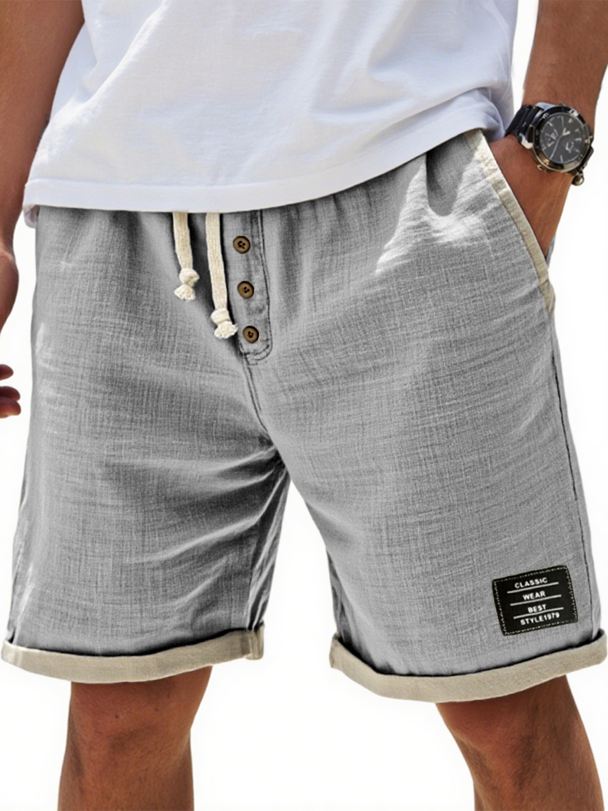Men's Breathable Linen Colorblock Casual Embroidered Label and Button Placket Shorts