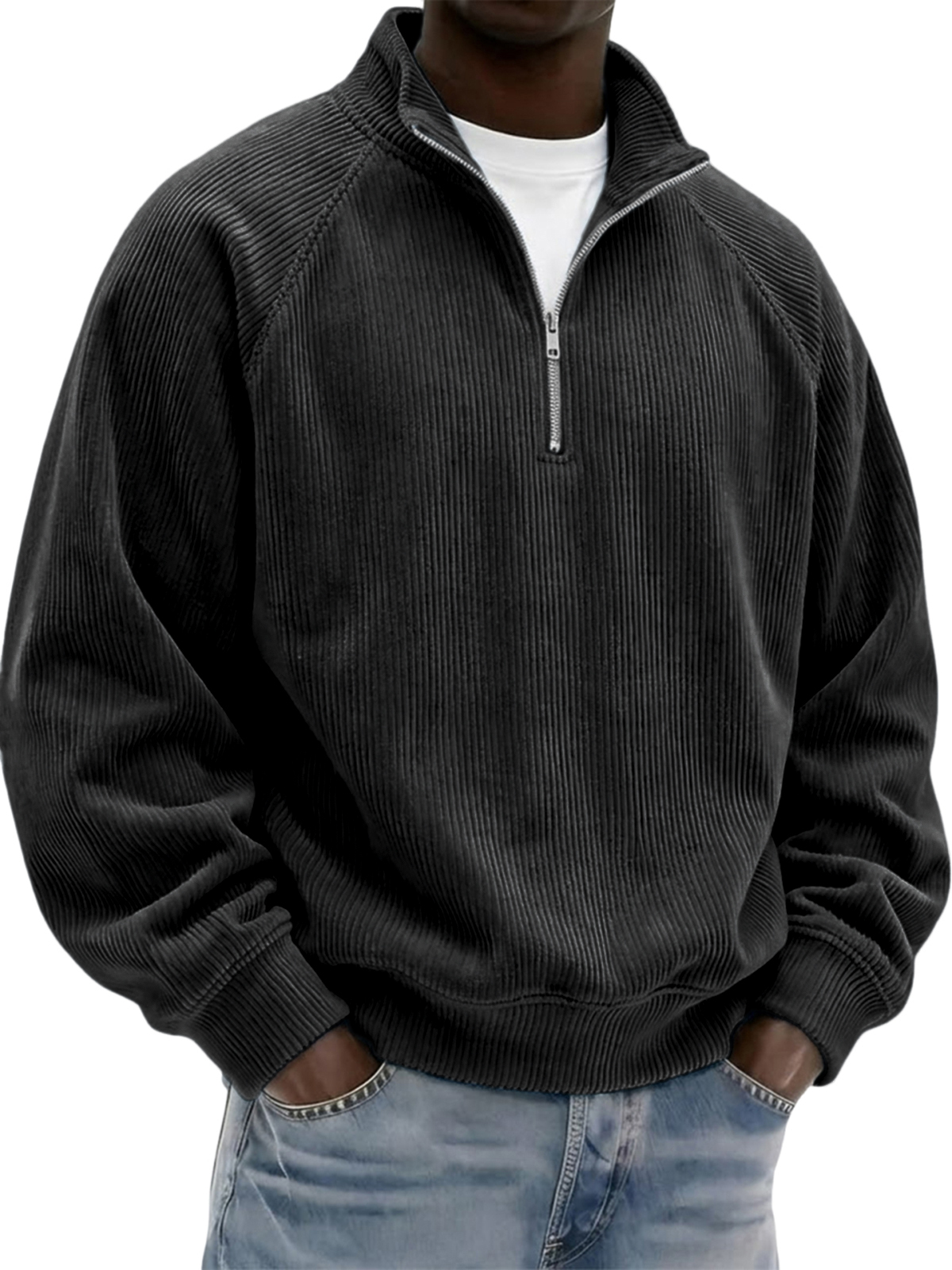 Men's Stylish Vintage Corduroy Quarter-zip Raglan Sleeve Pullover Polo Shirt