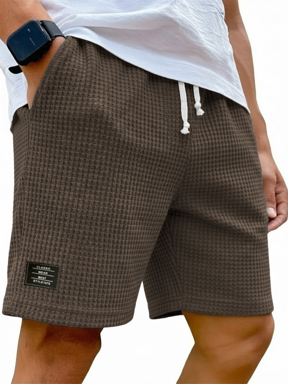Men's Simple Waffle Texture Drawstring Embroidered Label Shorts