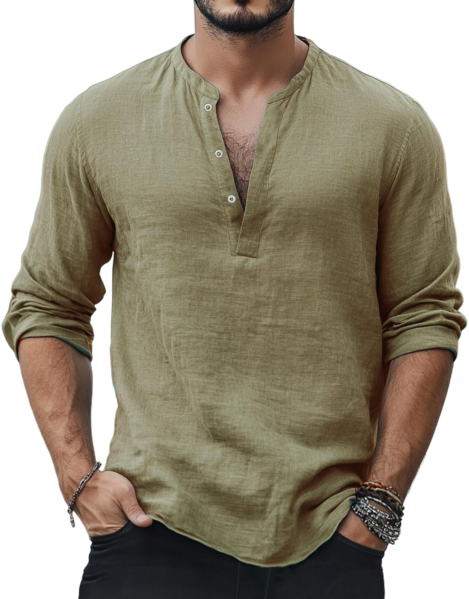 Men's Casual Fashion Basic Casual Henley Collar Cotton And Linen Long-sleeved Top