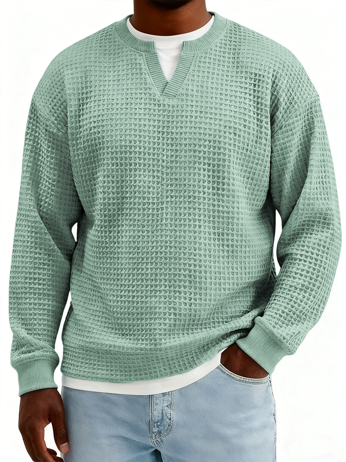 Men's Textured Waffle-knit Henley V-neck Long-sleeved Top