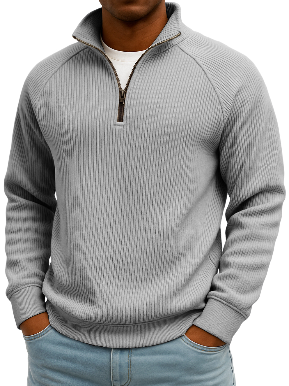 Men's Simple Casual Ribbed Stand-up Collar Quarter Zip Raglan Sleeve Sweatshirt