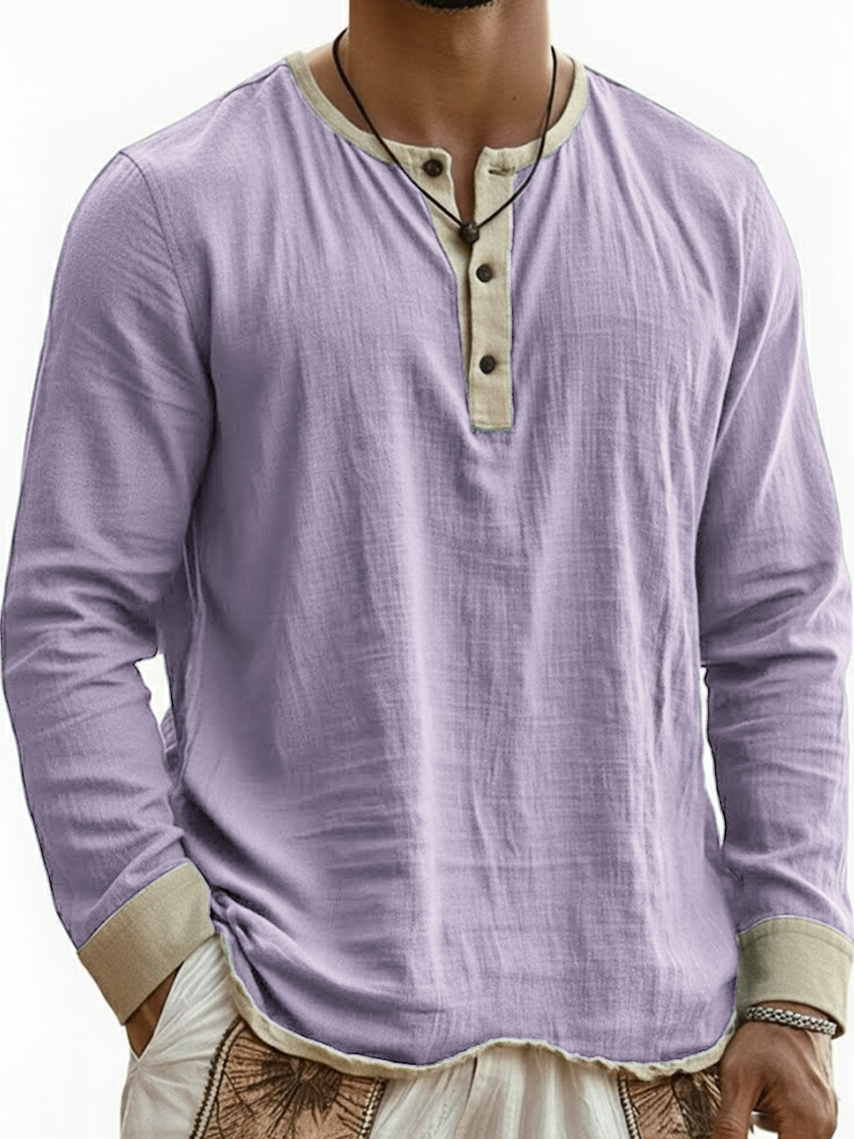 Men's Breathable Linen Wrinkled Textured Color-blocked Henley Long-sleeved Top
