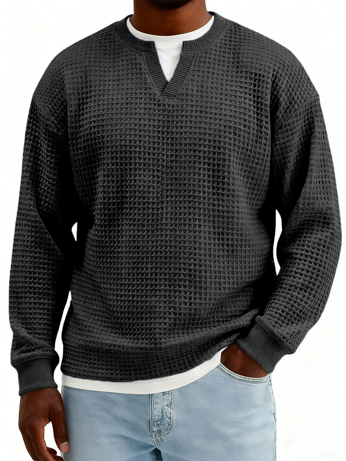 Men's Textured Waffle-knit Henley V-neck Long-sleeved Top