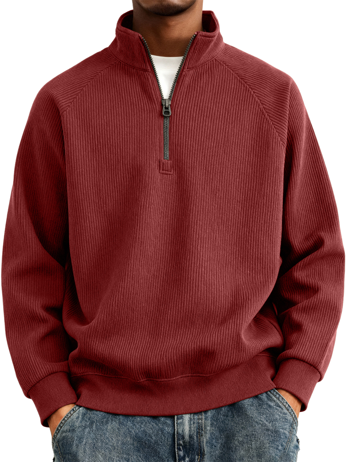 Men's Simple Casual Ribbed Stand Collar Zipper Raglan Sleeve Sweatshirt
