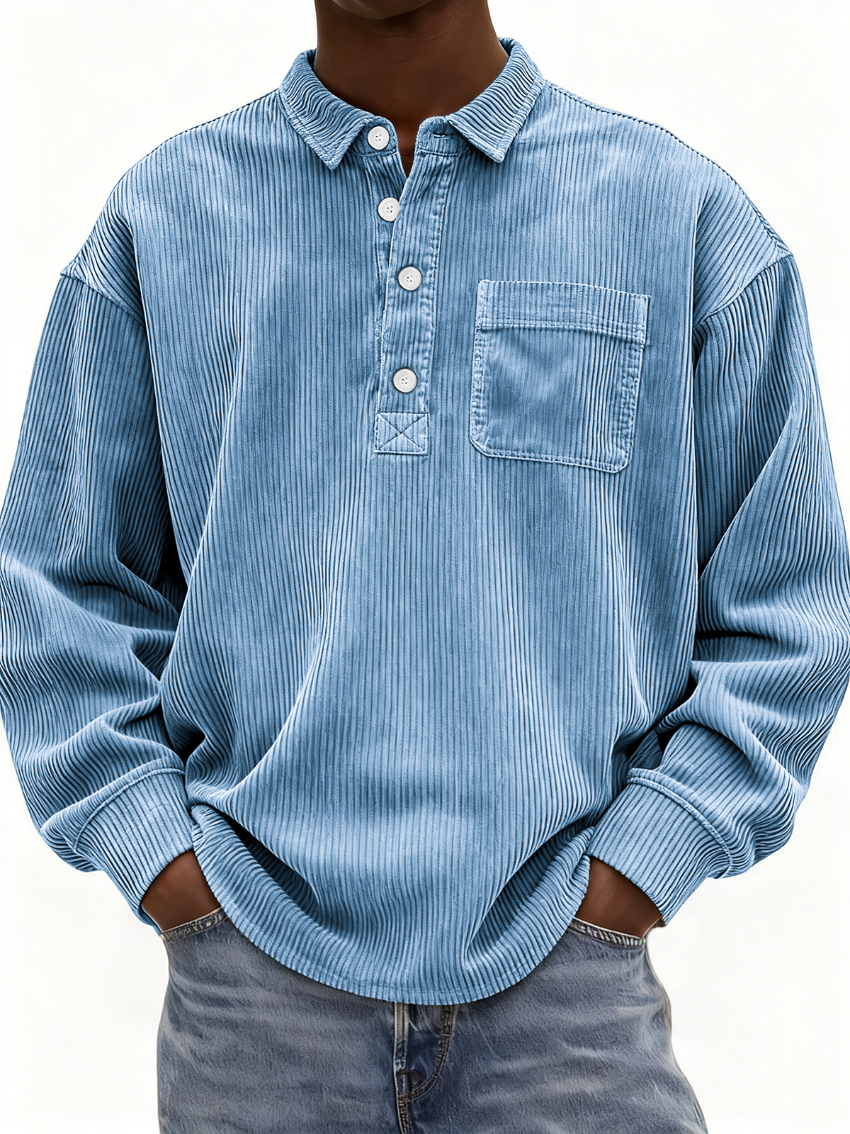 Men's Simple Corduroy Ribbed Button-down Pullover Polo Shirt with Chest Pocket