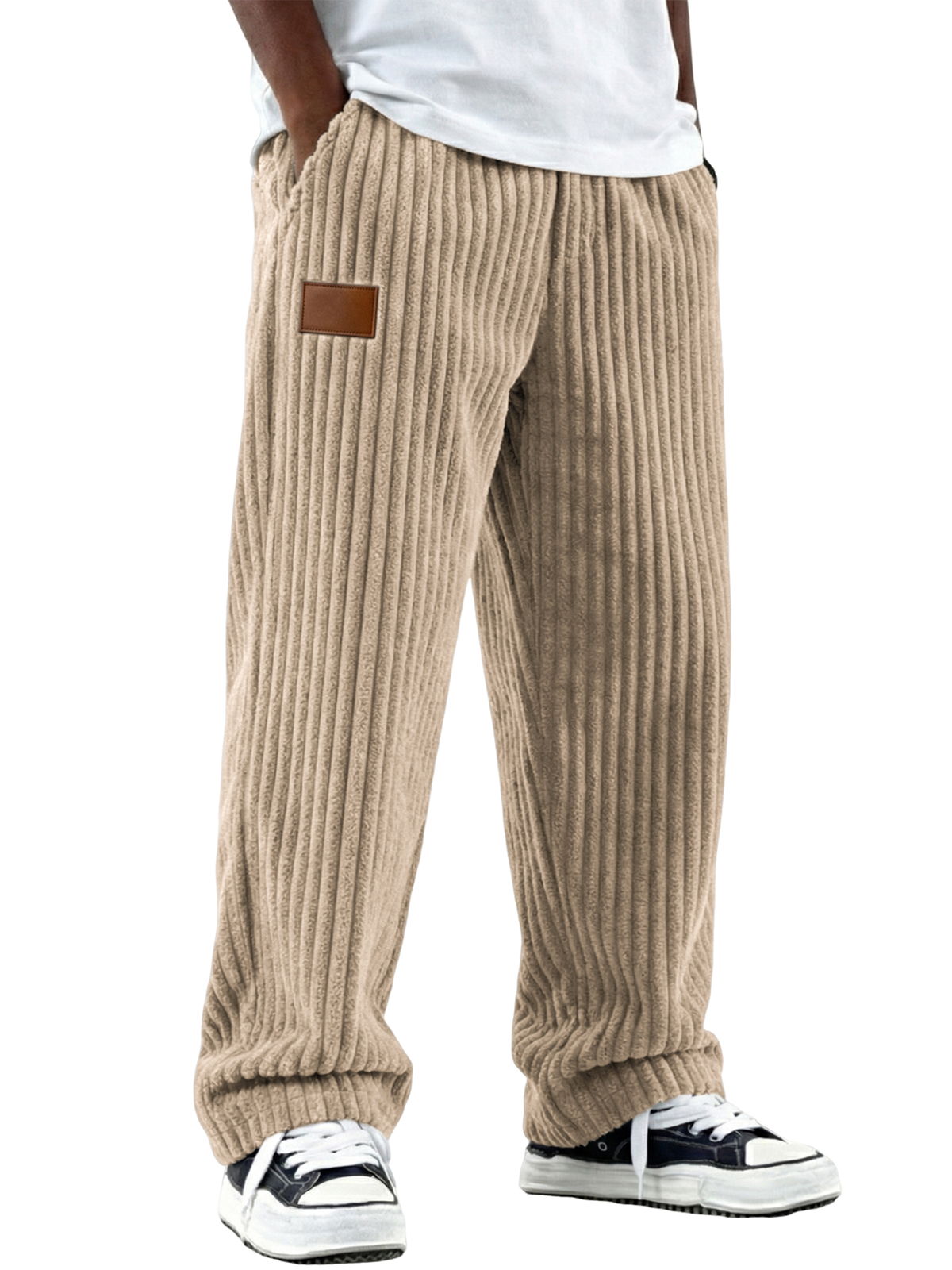 Men's Vintage Comfort Corduroy Pants with Leather Embroidery Patchwork