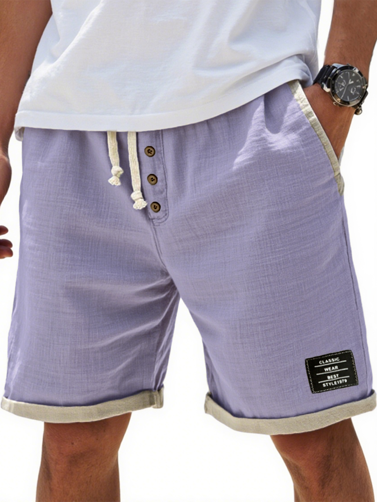 Men's Breathable Linen Colorblock Casual Embroidered Label and Button Placket Shorts