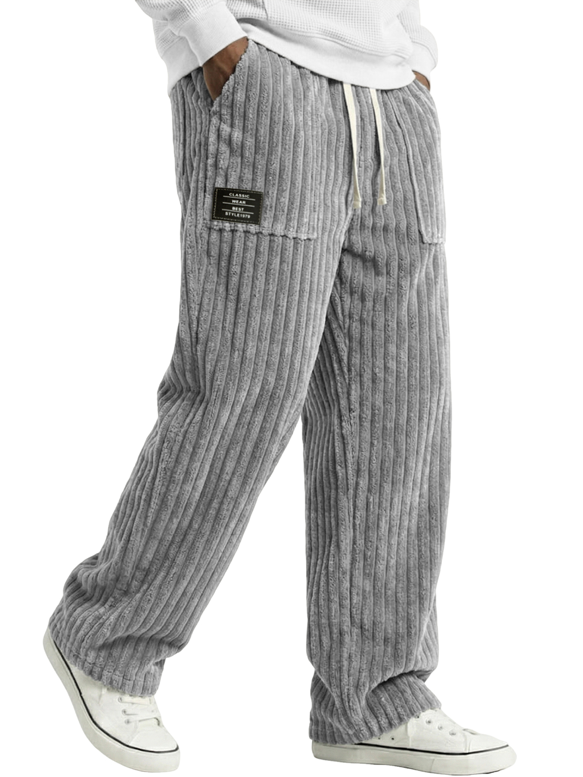 Men's Stylish Corduroy Pants with Embroidered Labels and Patch Pockets