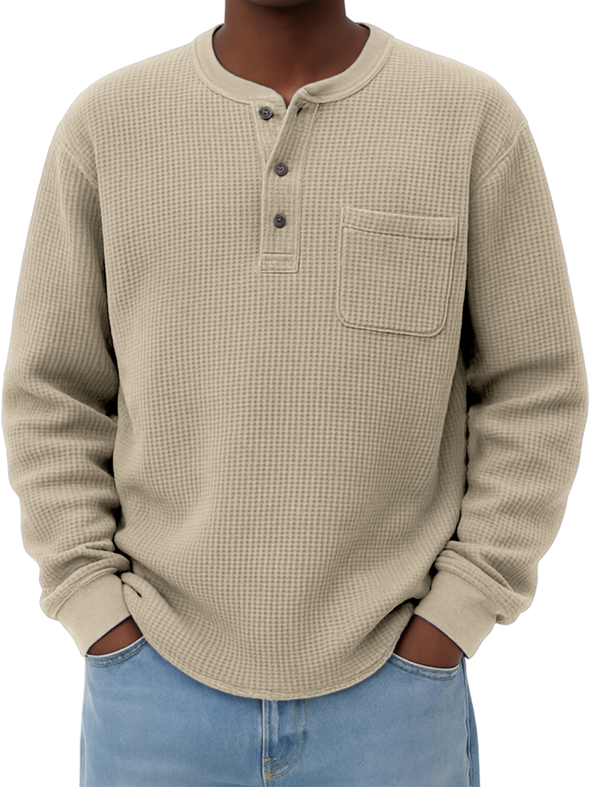 Men's Breathable Waffle Casual Henley Shirt with Chest Pocket