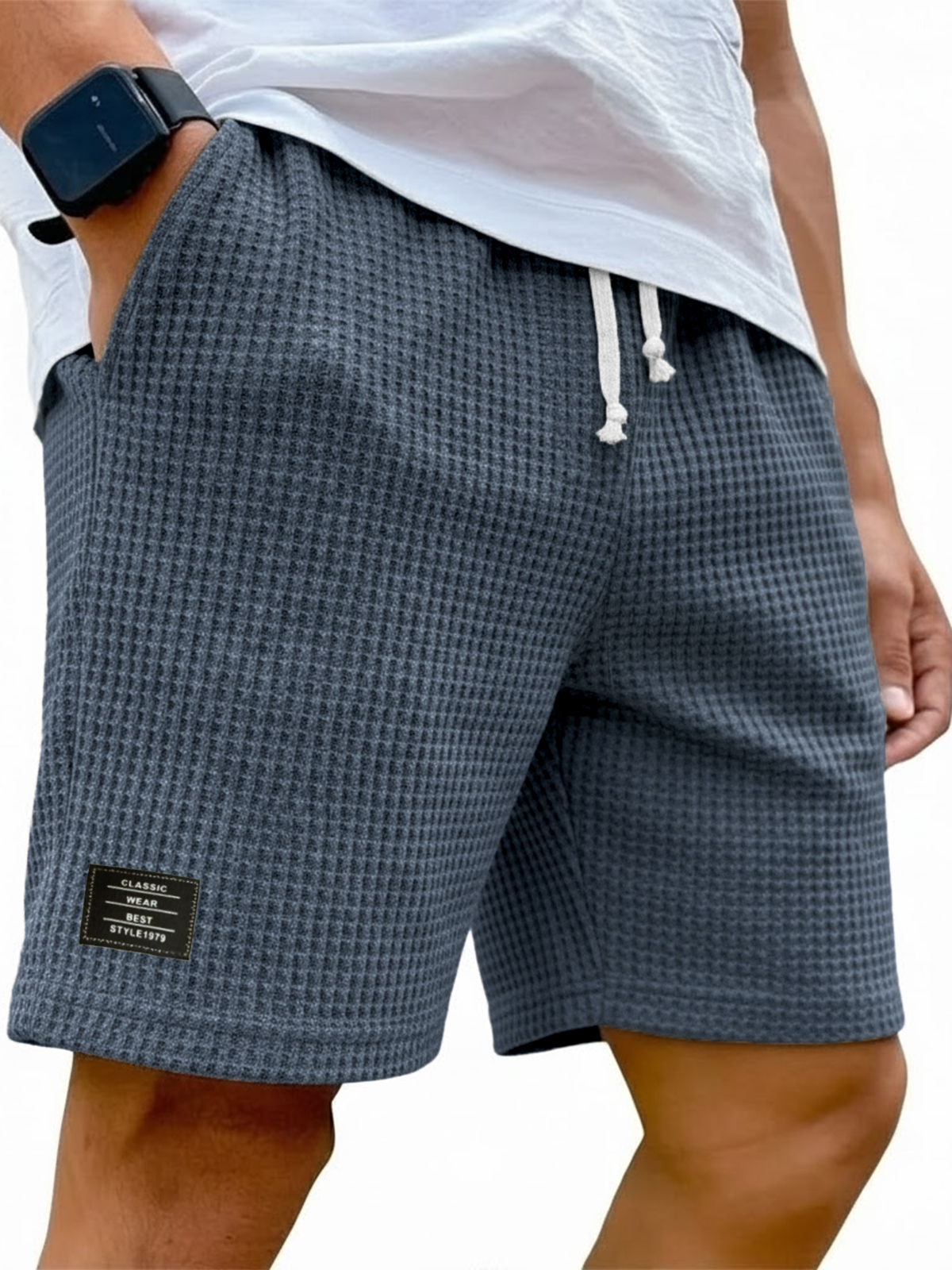 Men's Simple Waffle Texture Drawstring Embroidered Label Shorts