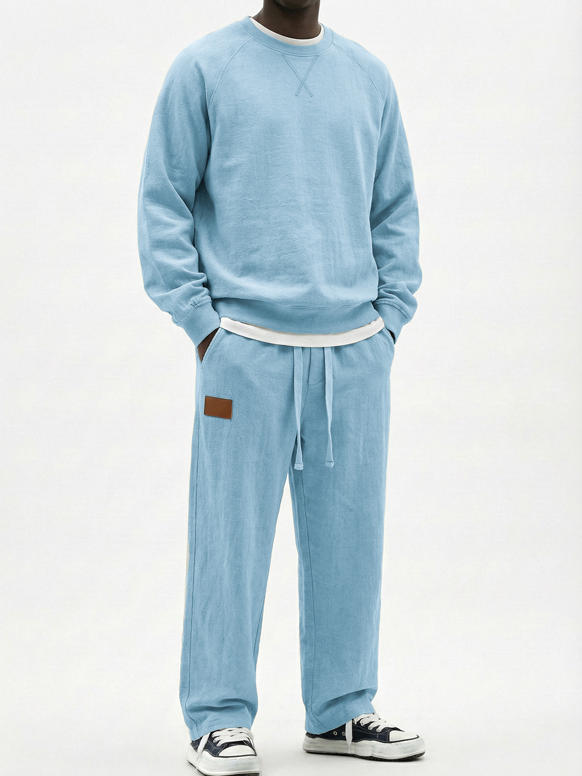 Men's Casual Cotton Embroidered Patchwork Long-Sleeve T-Shirt and Pants Set