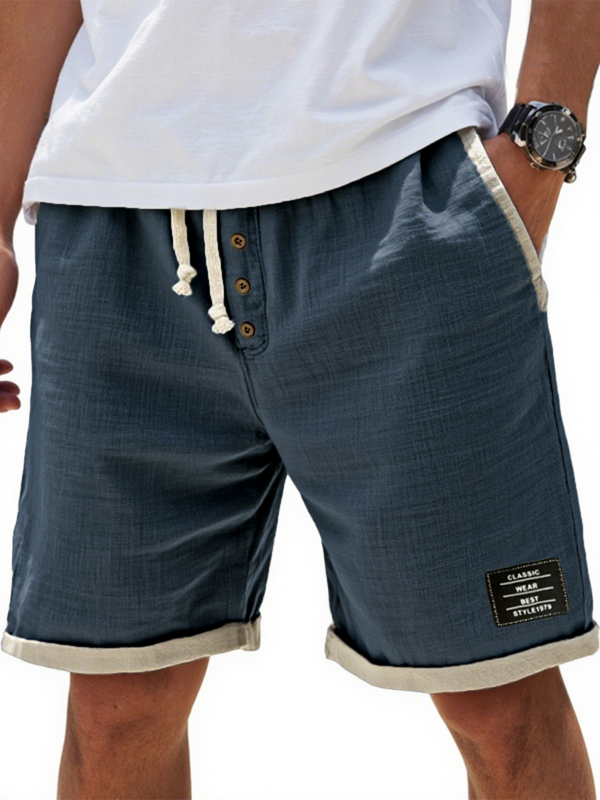 Men's Breathable Linen Colorblock Casual Embroidered Label and Button Placket Shorts