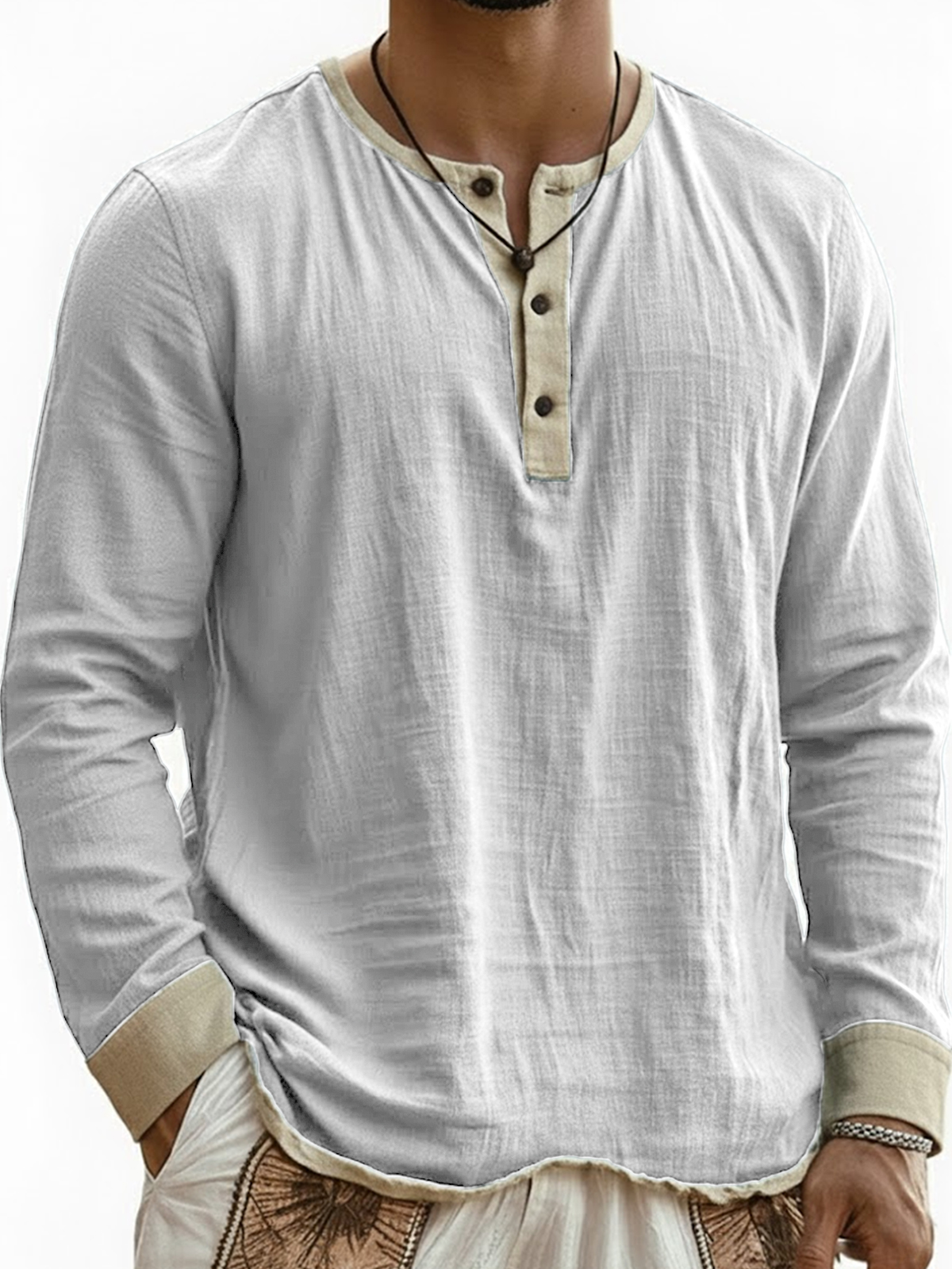 Men's Breathable Linen Wrinkled Textured Color-blocked Henley Long-sleeved Top