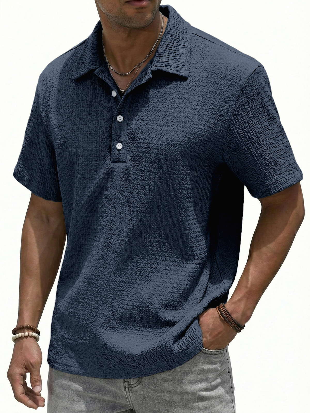Jacquard Textured Button-down Polo Shirt