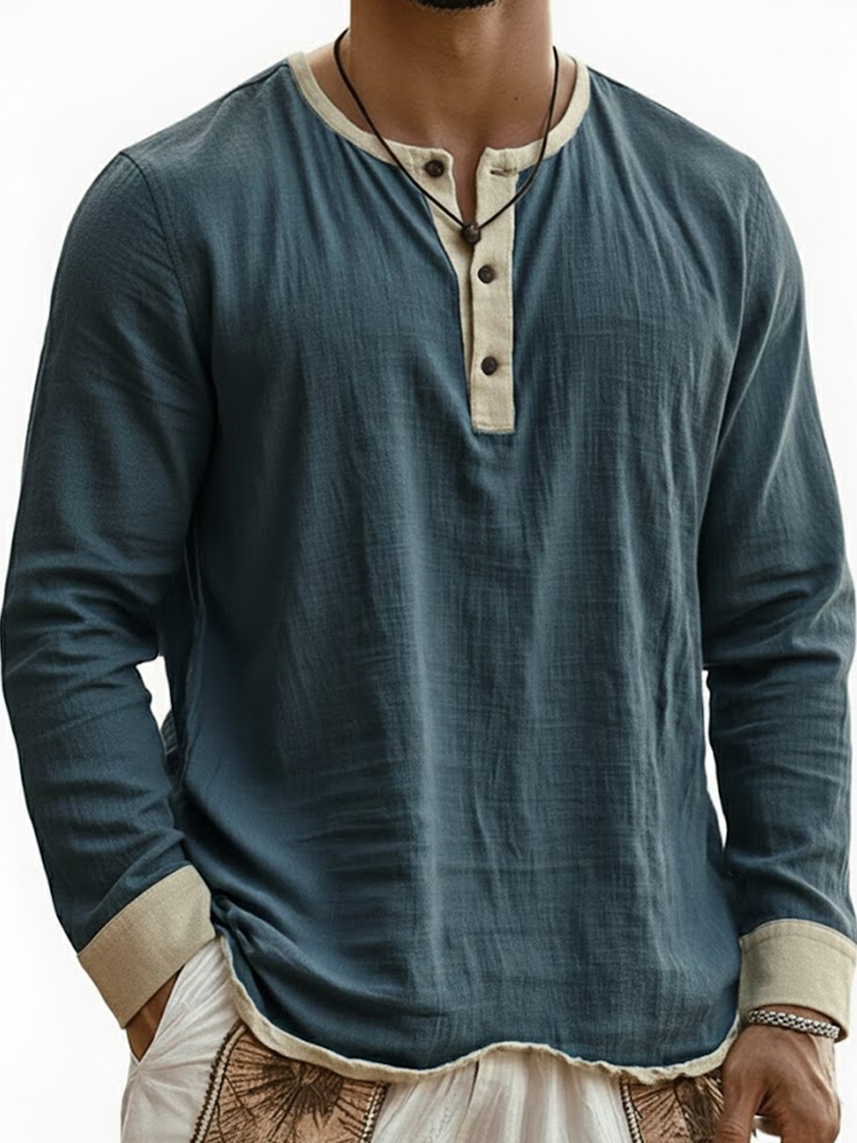 Men's Breathable Linen Wrinkled Textured Color-blocked Henley Long-sleeved Top