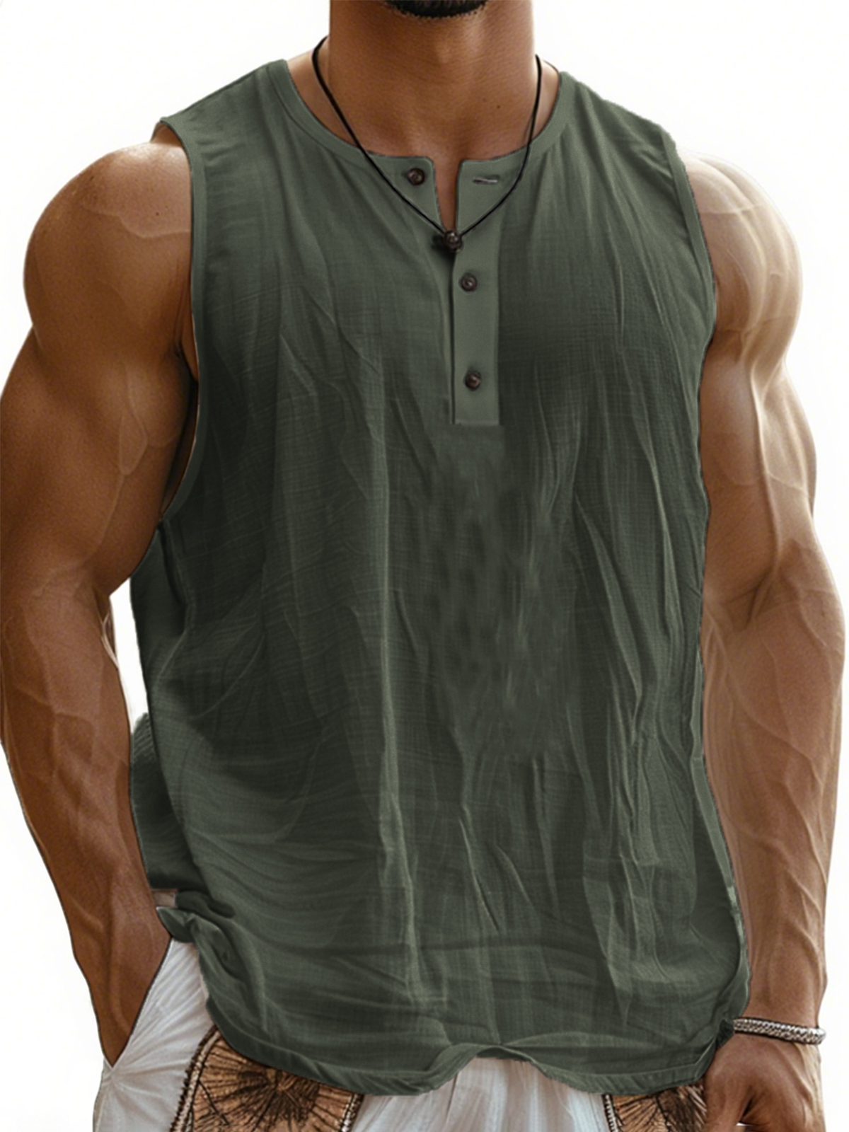 Men's Sleeveless Linen Bohemian Vest Henley T-Shirt