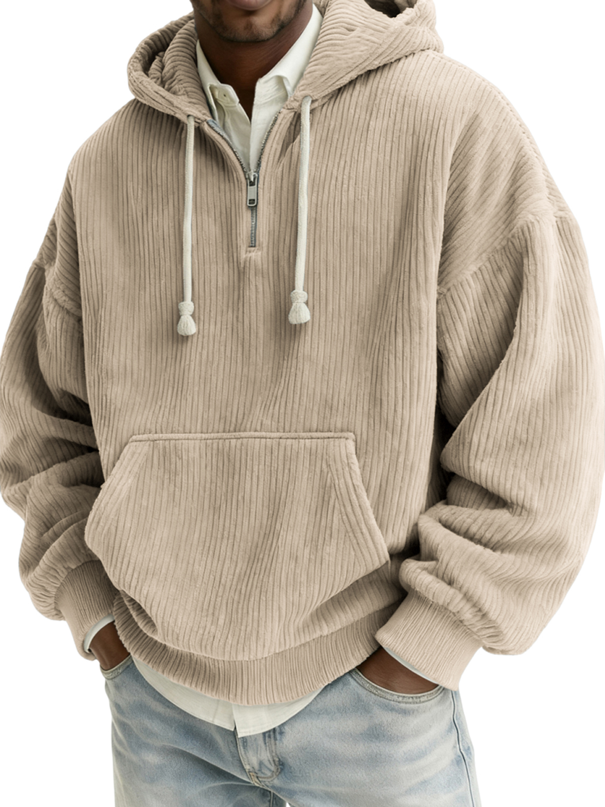 Men's Stylish Quarter-zip Corduroy Hooded Sweatshirt with Kangaroo Pockets