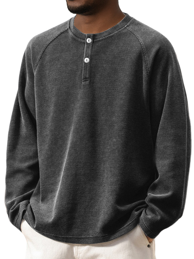 Men's Retro Fashion Washed Waffle Gown with Raglan Sleeves and Henley Style Long Sleeves