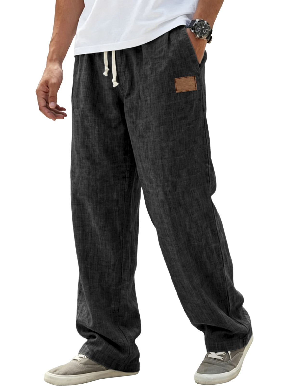 Men's Breathable Linen Pants Resort Casual Loose-Fit Trousers with Embroidered Leather Patch