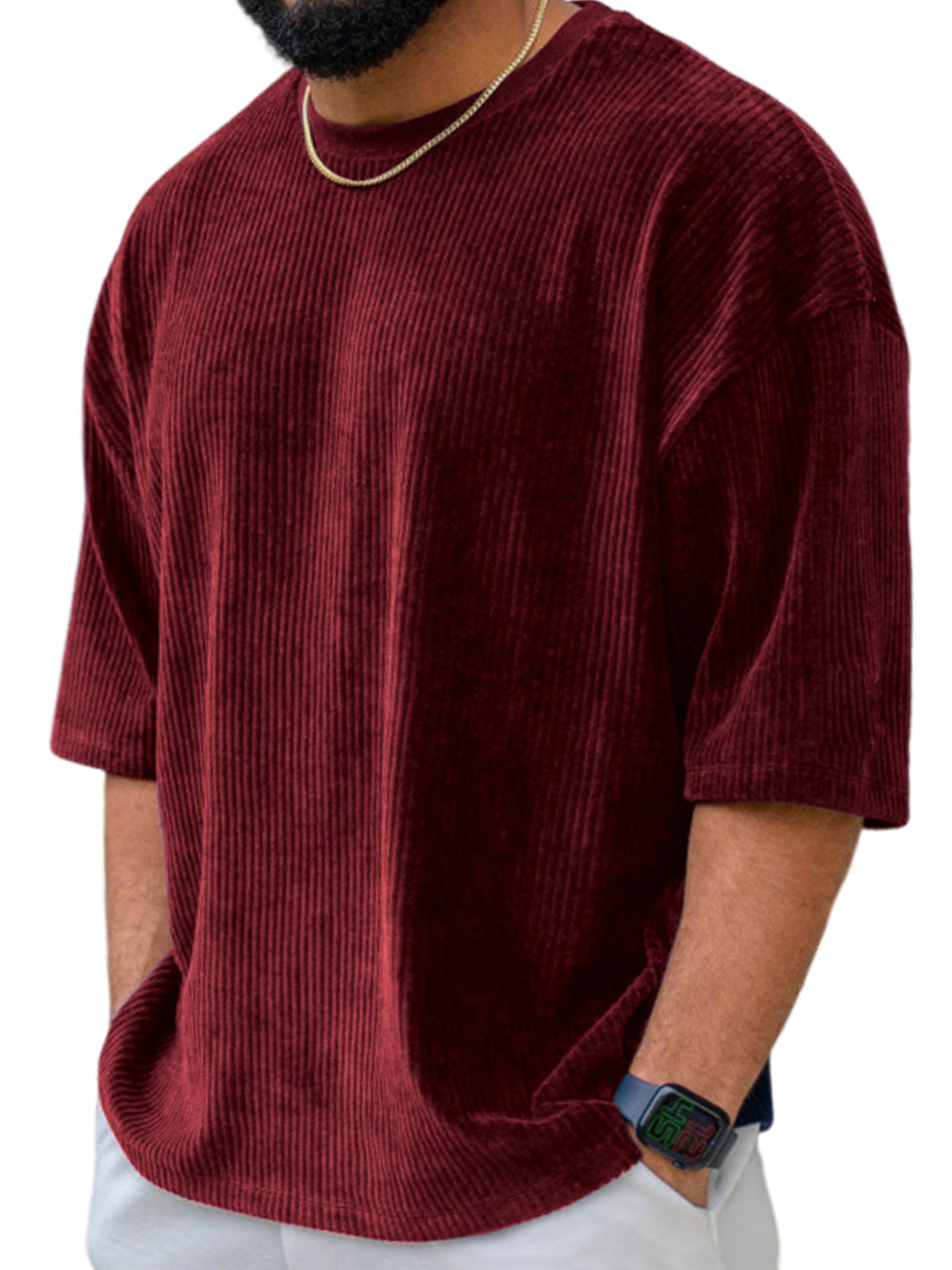 Men's Stylish Corduroy Casual Short-sleeve T-shirt with Thick Wales for Daily Wear