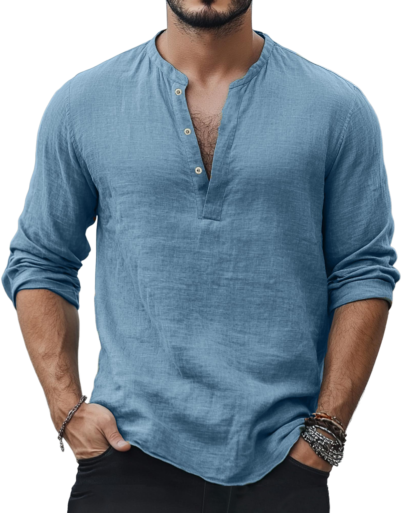 Men's Casual Fashion Basic Casual Henley Collar Cotton And Linen Long-sleeved Top