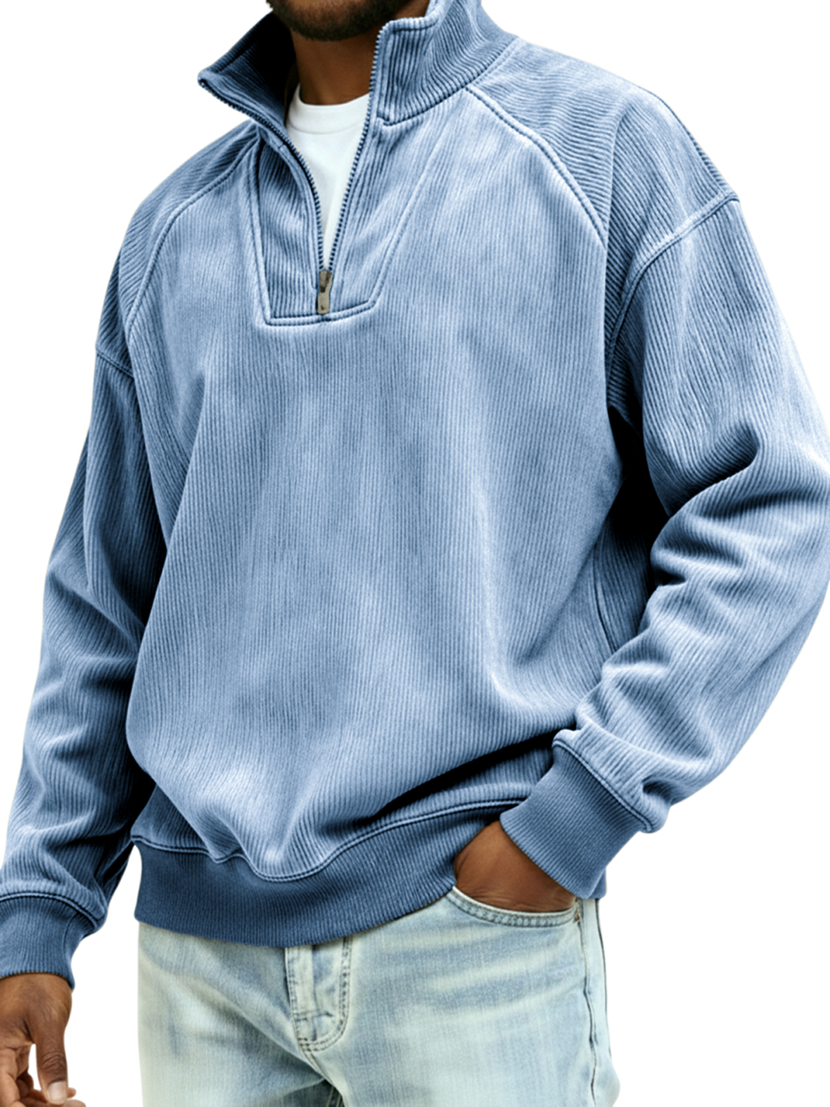 Men's Vintage Corduroy Quarter Zipper Raglan Sleeve Patchwork Pullover