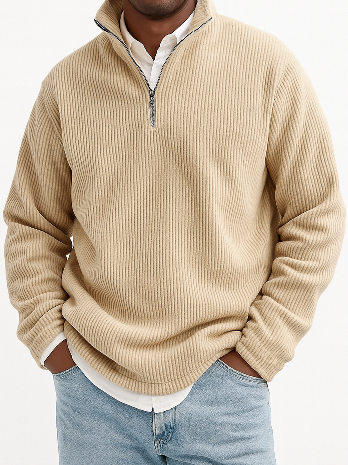 Men's Stylish Quarter-Zip Corduroy Ribbed Polo Sweatshirt
