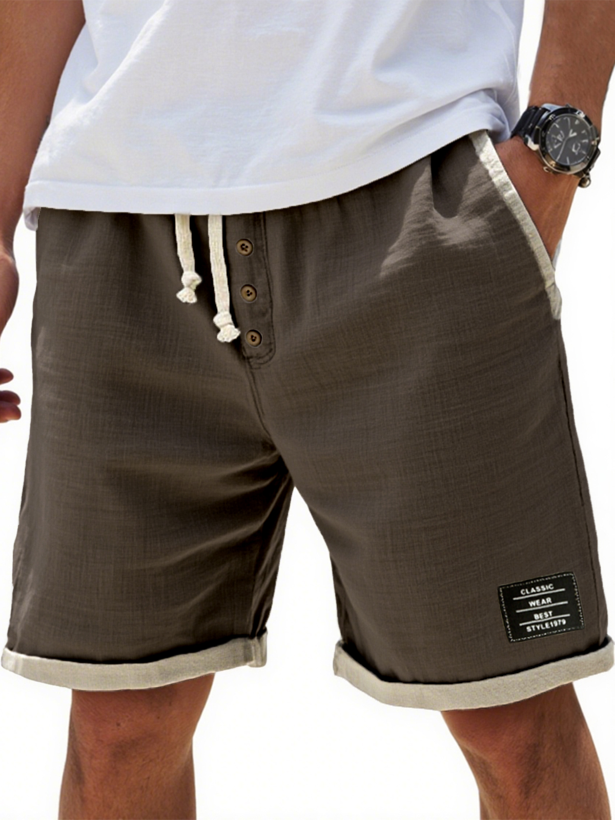 Men's Breathable Linen Colorblock Casual Embroidered Label and Button Placket Shorts