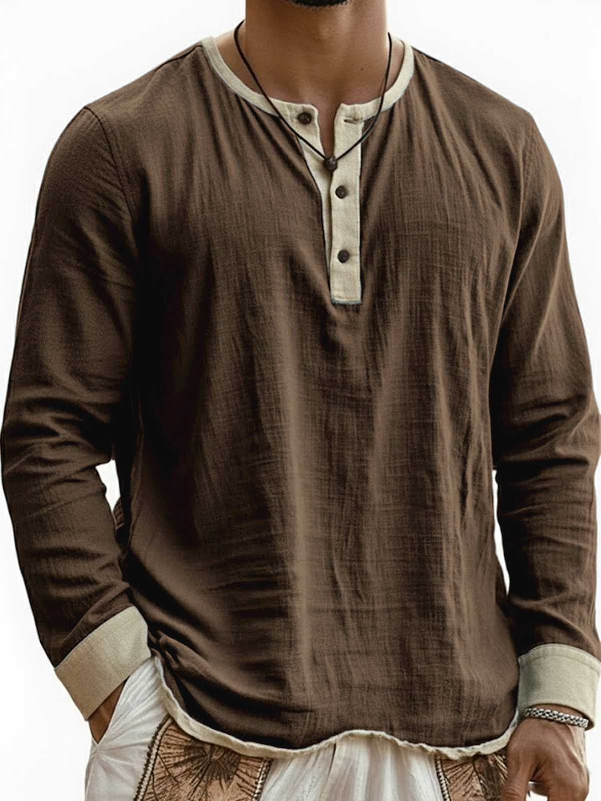 Men's Breathable Linen Wrinkled Textured Color-blocked Henley Long-sleeved Top