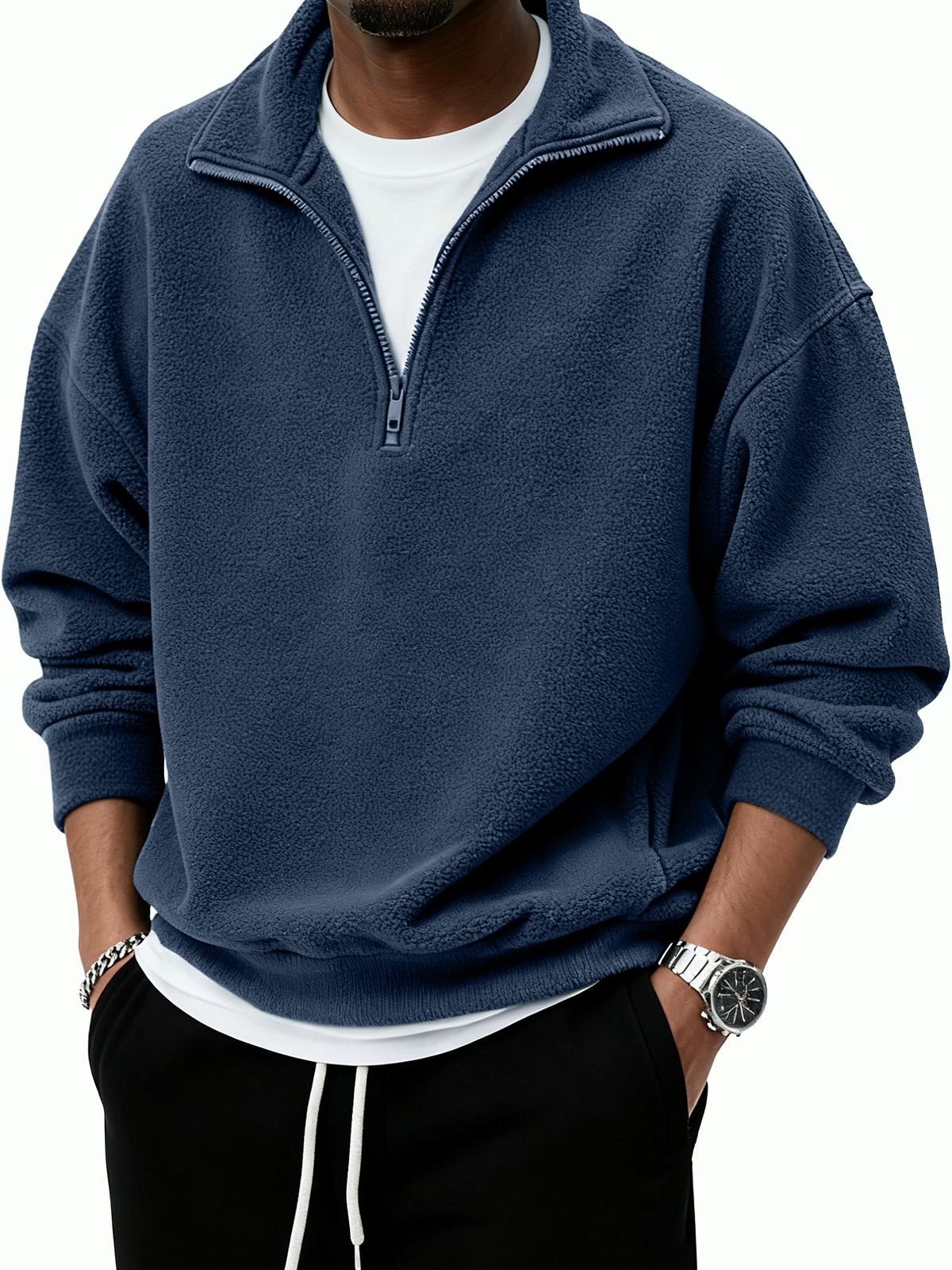 Men's Warm Stylish Casual Half-Zip Stand Collar  Borg Fleece Sweatshirt
