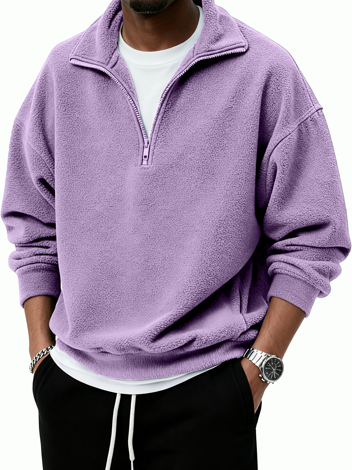 Men's Warm Stylish Casual Half-Zip Stand Collar  Borg Fleece Sweatshirt