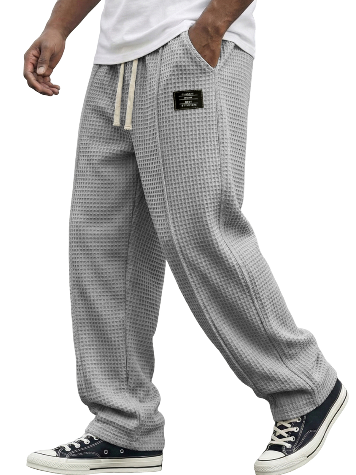 Men's Waffle Textured Pants with Decorative Stitching and Embroidered Label