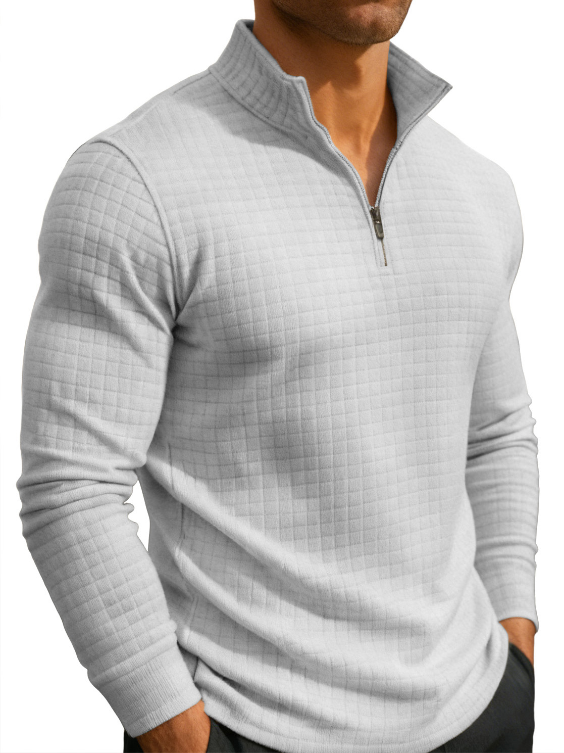 Men's Casual Fashion Waffle Knit Stand Collar Zips Sweatshirt
