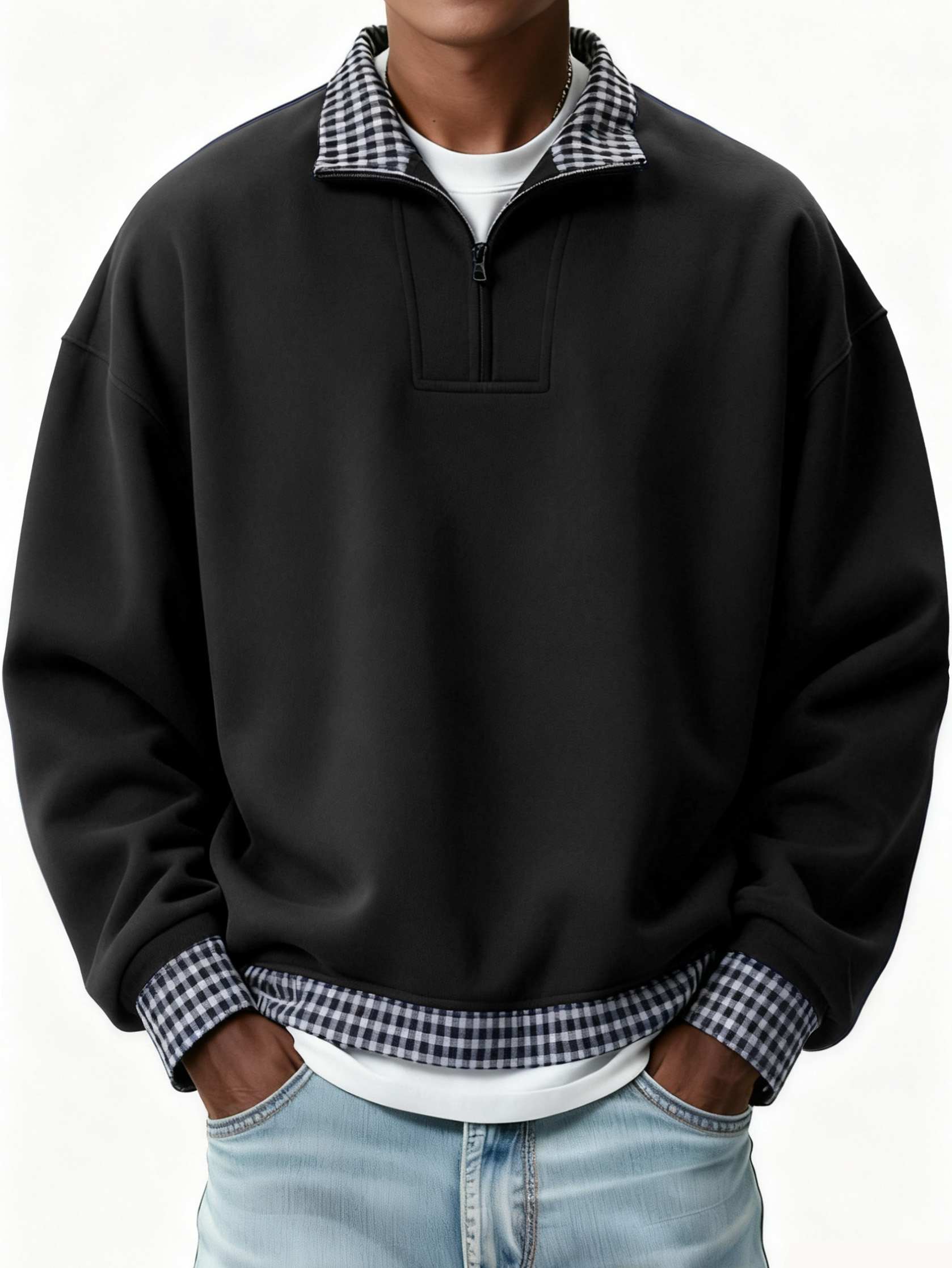 Men's Retro Casual Plaid Patchwork Quarter Zip Sweatshirt