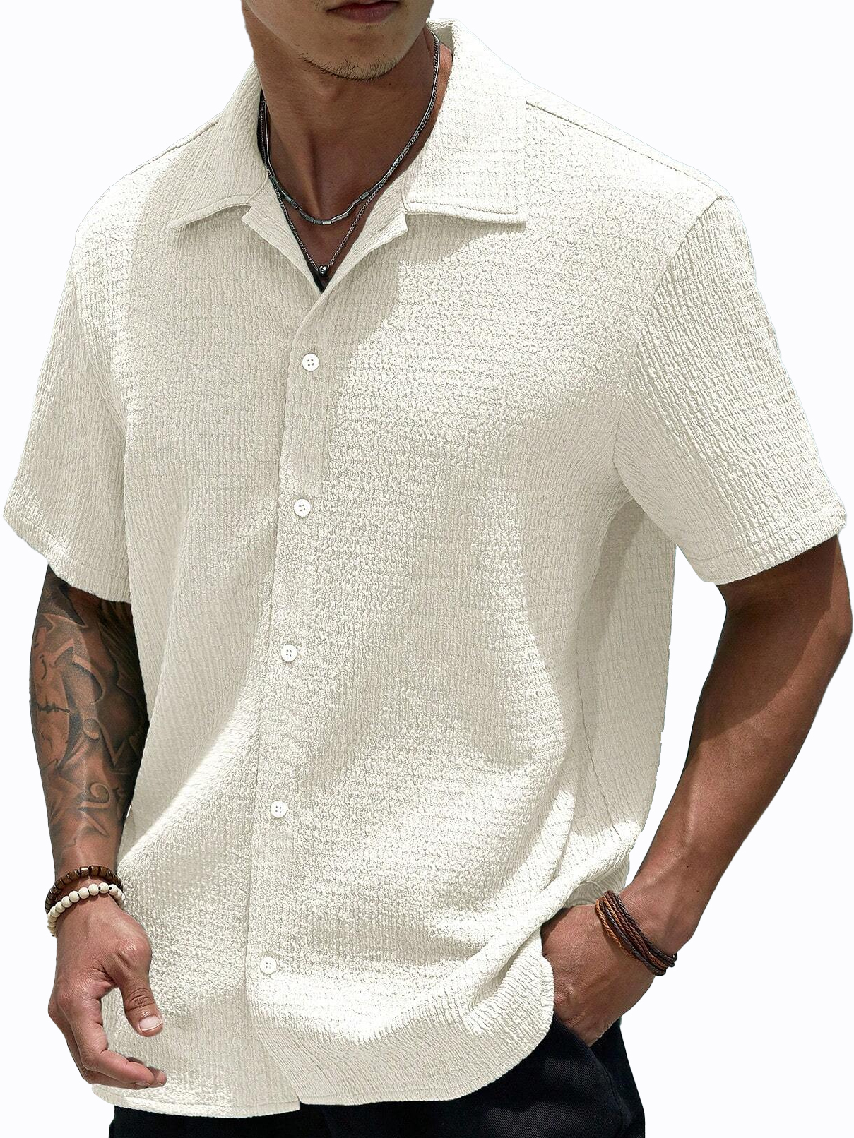 Stylish Men's Pleated Casual Lapel Short Sleeve Shirt