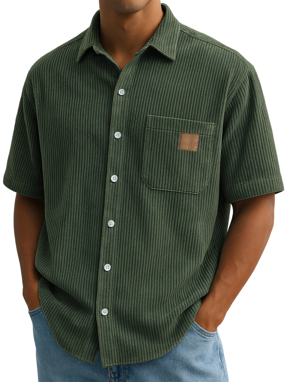 Men's Comfort Corduroy Embroidered Everyday Short Sleeve Shirt With Breast Pocket