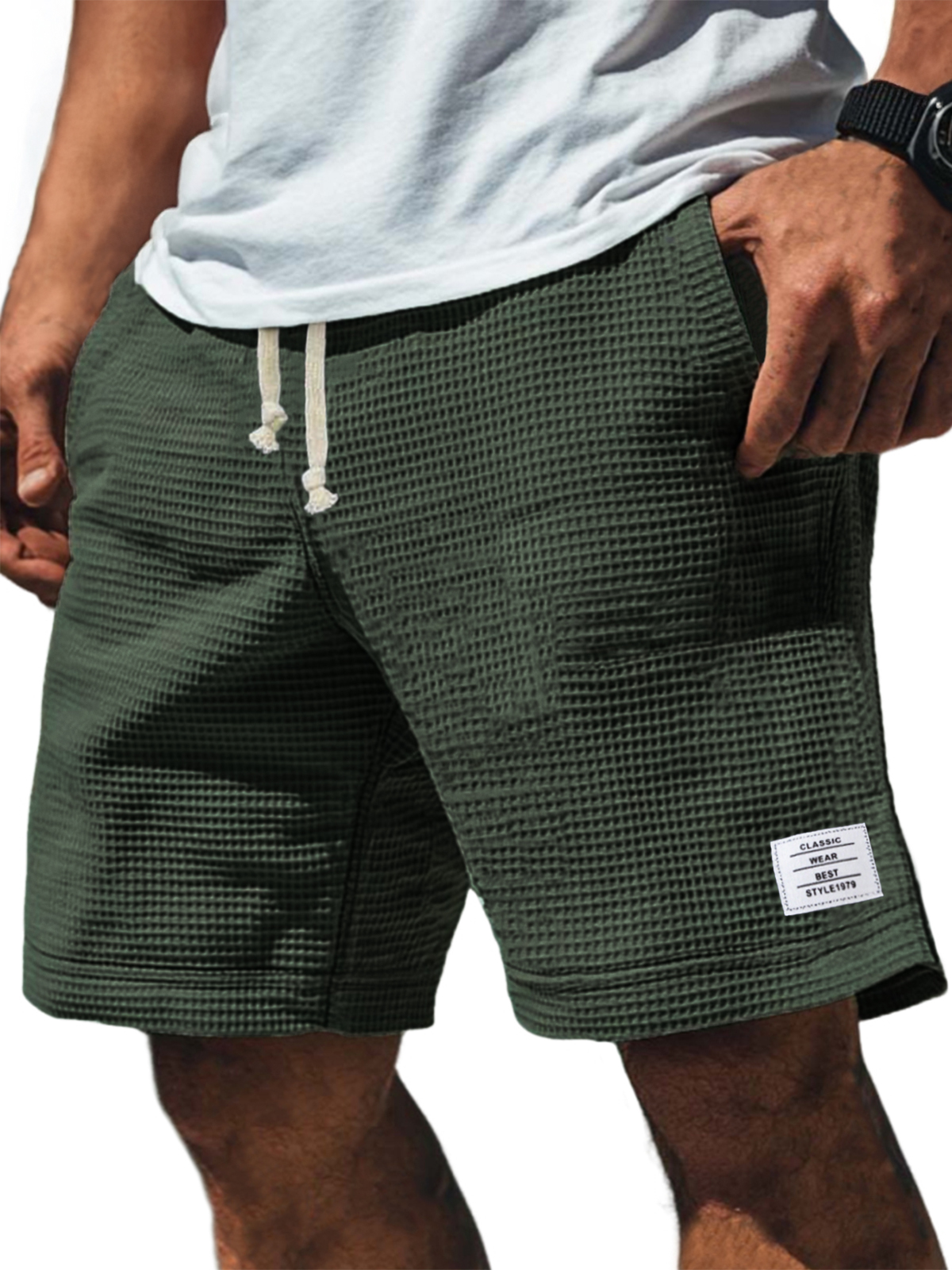 Men's Soft Waffle Simple Embroidered Logo Stylish Lace Up Everyday Casual Shorts