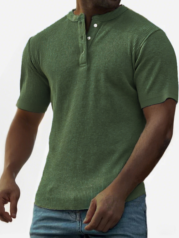 Men's Waffle Fashion Button-Down Henley Short Sleeve Top