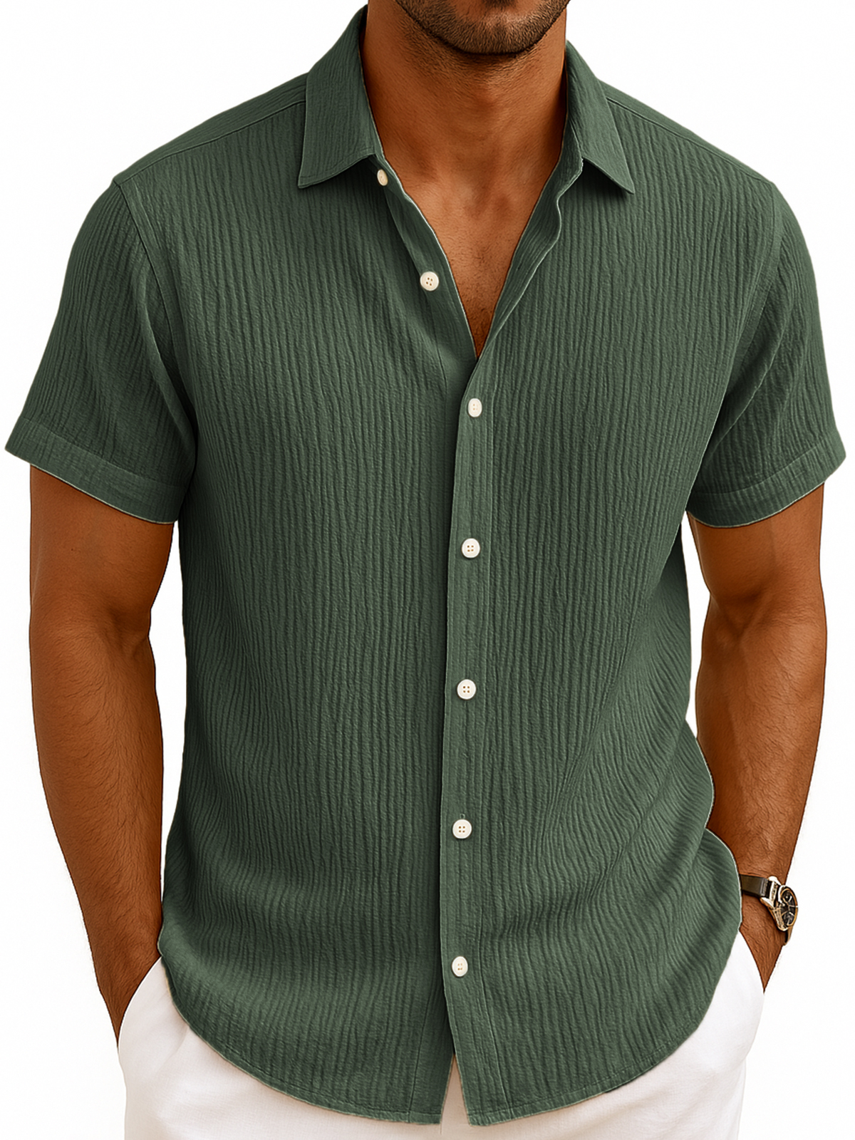 Men's Comfortable Pleated Casual Vacation Short Sleeve Shirt