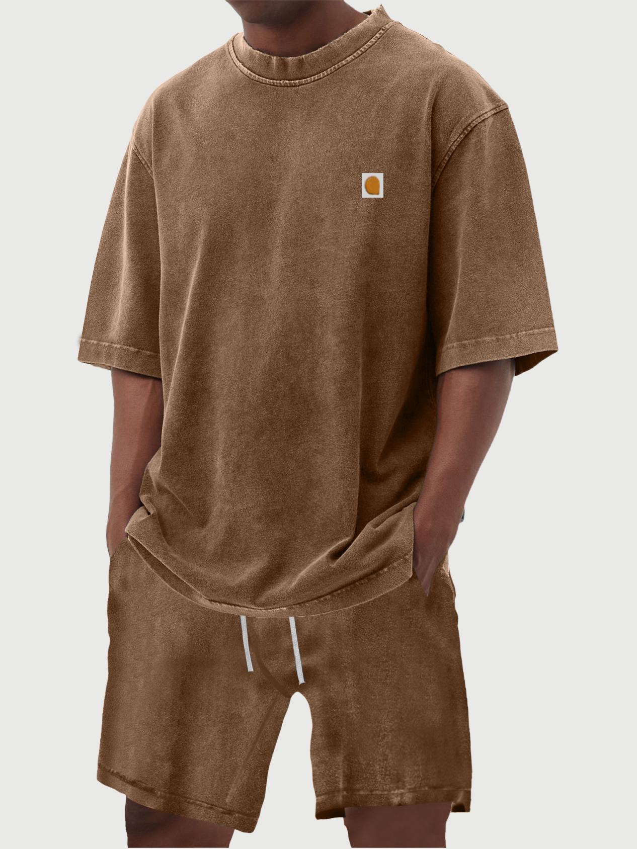 Men's 100% Cotton Vintage Distressed Washed Print Short Sleeved T-shirt Shorts Set