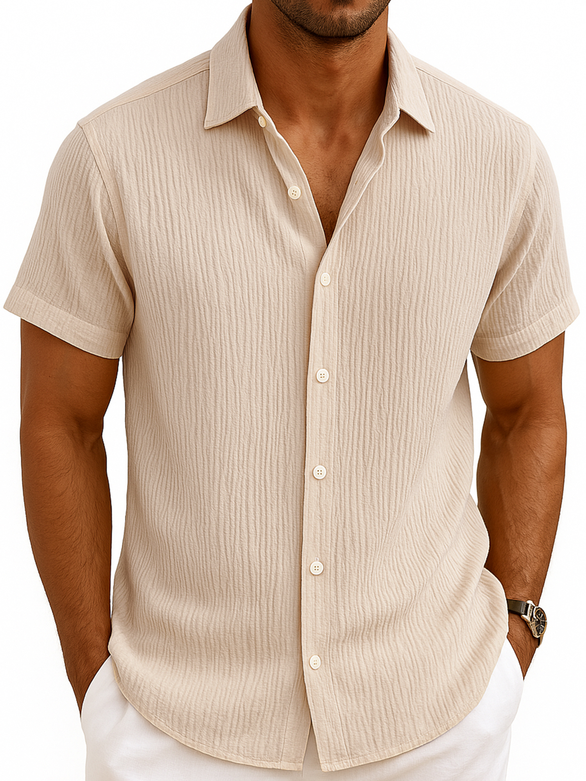 Men's Comfortable Pleated Casual Vacation Short Sleeve Shirt