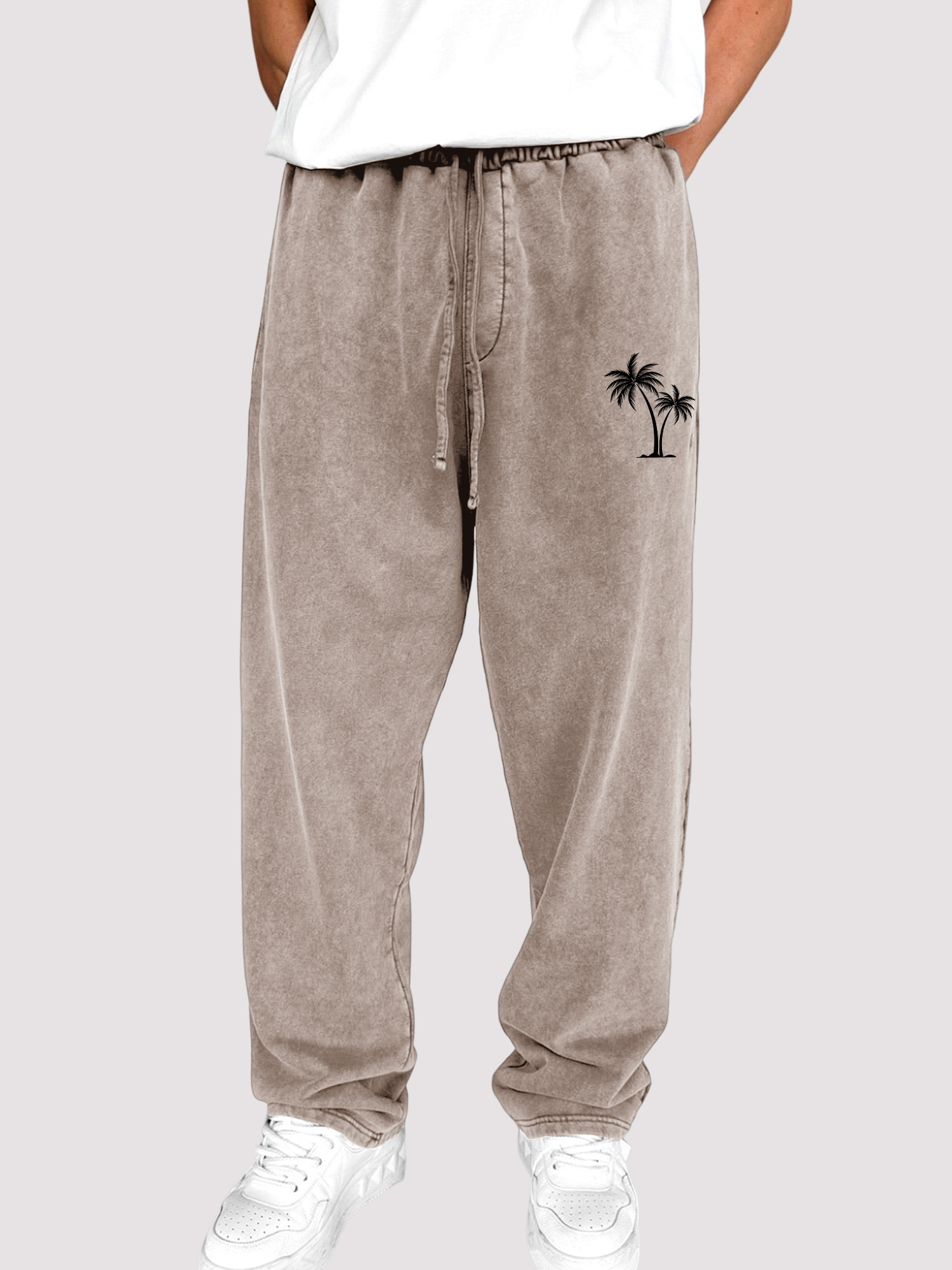 Men's Dyed Vintage Coconut Tree Printed Holiday Casual Elastic Waist Drawstring Trousers
